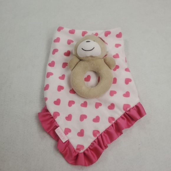 Carters Monkey Rattle Lovey Plush Pink Hearts 12 In Satin Back Security Blanket - Picture 11 of 12